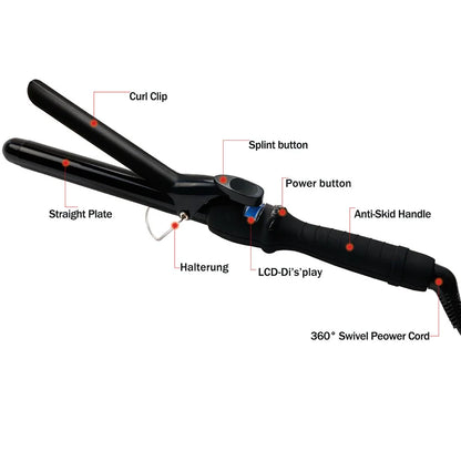 Professional Hair Curler 1.25 Inch Clipped Curling Iron with Extra Long Tourmaline Ceramic Barrel LCD Temperature Adjust up 450℉