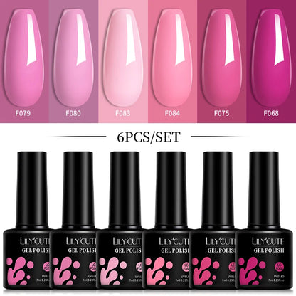 LILYCUTE 6Pcs/Set 7ML Gel DIY Nail Polish Bright Pink Semi Permanent Soak Off UV LED Gel Varnish Nail Art Design Manicure Kit