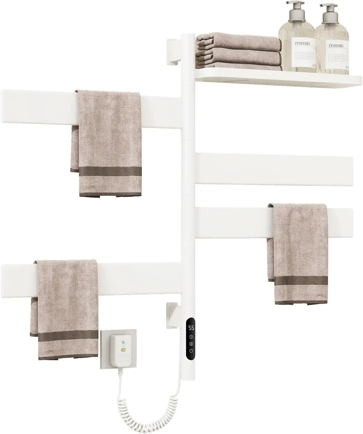 Swivel Heated Towel Rack, Wall Mounted Electric Towel Warmer Rack, 4 Square Bars Swivelable Towel Dryer with Tray, Towel Heater