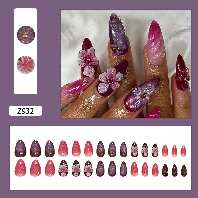 24pcs White Flower Fake Nail Tips Ins Yellow Pink Blush False Nails Wearable Full Cover European Almond Shaped Press on Nails