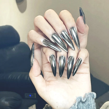 24pcs Glossy Black Fake Nails Set Press On Nail Tips Solid Color Long Stiletto Removable Artificial Nails Decoration Nail Art