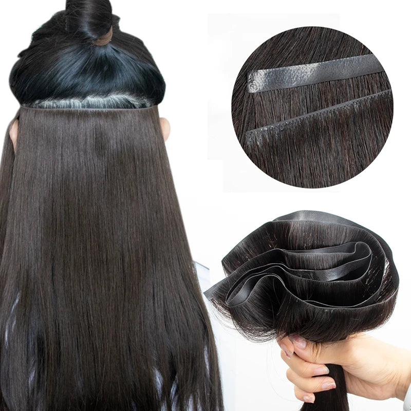 Invisible Long Tape PU Weft Human Hair Bundles Real Natural Hair Seamless & No-Glue Injected Tape In Hair Extensions Thick Ends