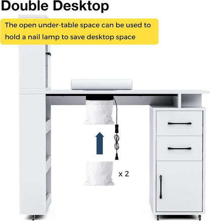 Table Nail Desk for Nail Tech w/Glass door Storage Cabinets & Wrist Rest, Beauty Salon Nail Supplies Decor Workstation