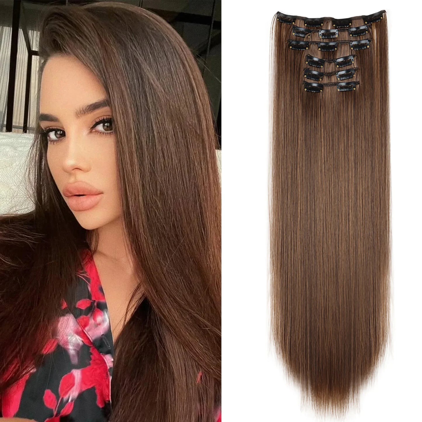 24Inch 16 Clips in Hair Extensions Long Straight Hairstyle Synthetic Blonde Black Hairpieces Heat Resistant False Hair Daily Use