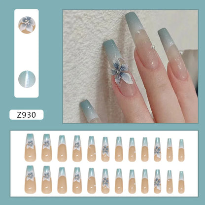 24pcs White Flower Fake Nail Tips Ins Yellow Pink Blush False Nails Wearable Full Cover European Almond Shaped Press on Nails