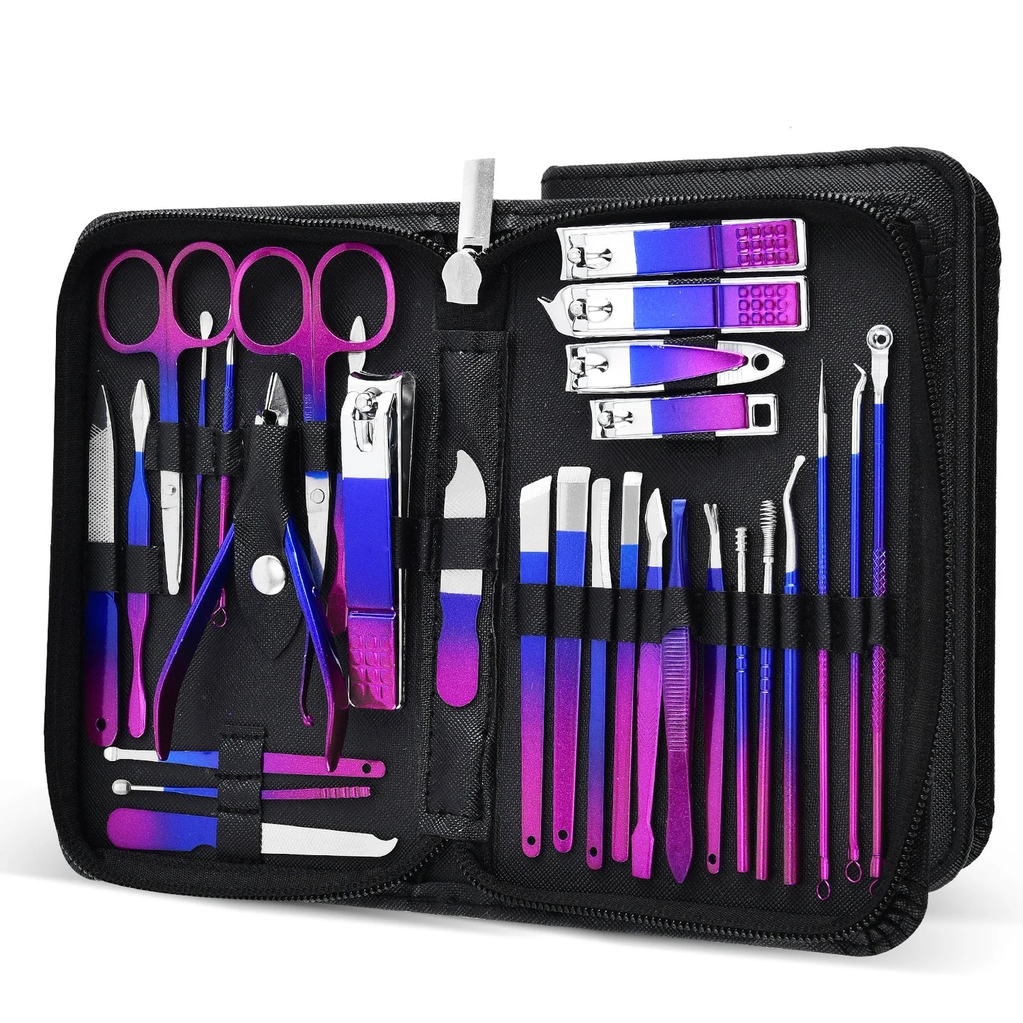 Manicure Set 30 in 1 Nail Clipper Set Blue-red Anti Splash Fingernail Cutter Stainless Steel Nail Scissor Cuticle Tools