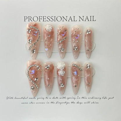 10pc detachable long stilette ballet false nails with Butterfly Camellia design y2k hot girl full cover artificial press on nail