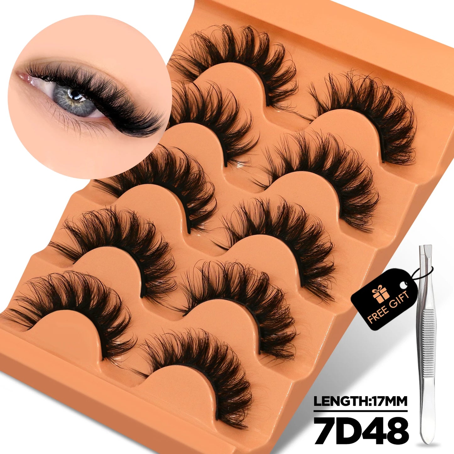 GROINNEYA Cat Eye Lashes Fluffy Faux Mink Lashes 8D Volume Wispy Long Lashes Fake Eyelash Russian Strips 5 Pairs Pack Makeup