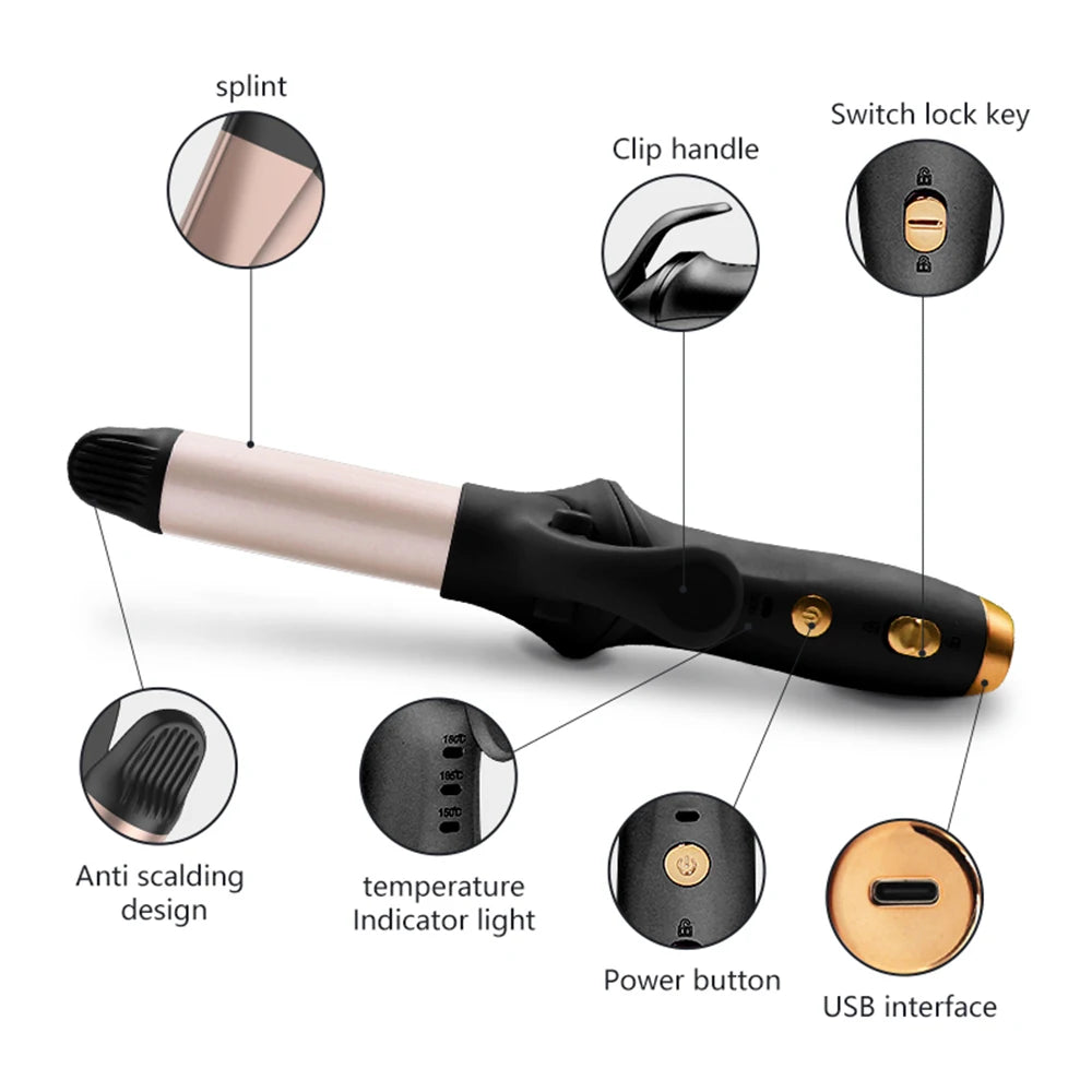 Mini Wireless Curling Iron Portable Hair Straightener USB Rechargeable Fast Heating Hair Curler for Travel