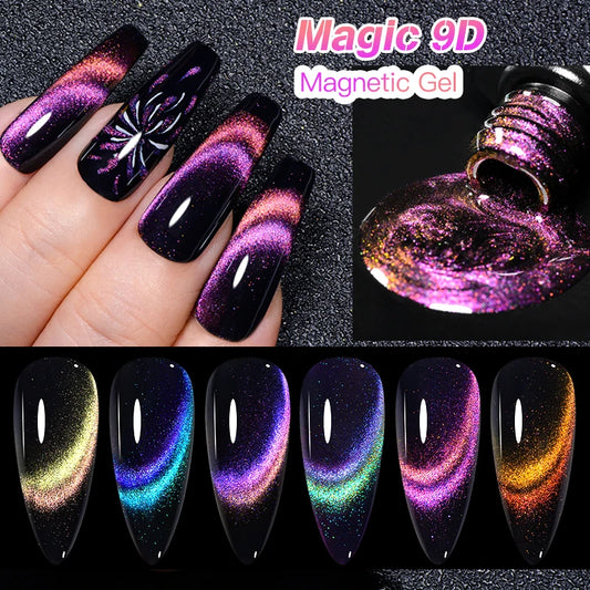 8pcs/set 9D Magnetic Cat Eye Gel Nail Polish Set with Soak-Off Formula and Magnetic Stick - Create Stunning Nail Art with Ease