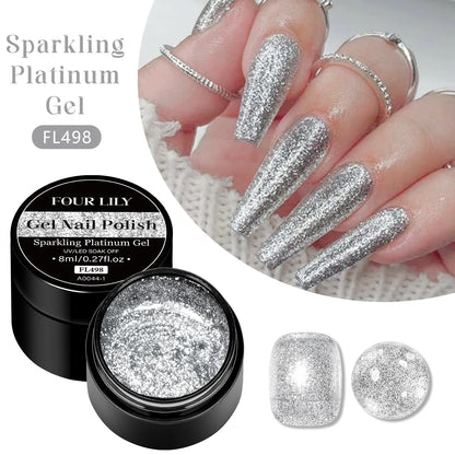 Four Lily 8ml Gold Sparkling Platinum Nail Gel Polish Glitter Long Lasting Semi Permanent Nail Art Painting Gel Varnish Design