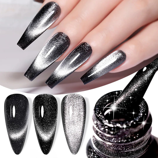 LILYCUTE 7ML Black Crystal Cat Magnetic Gel Sparkling Glitter Gel Nail Polish Semi Permanent UV Gel Nail Art No Need Base Color