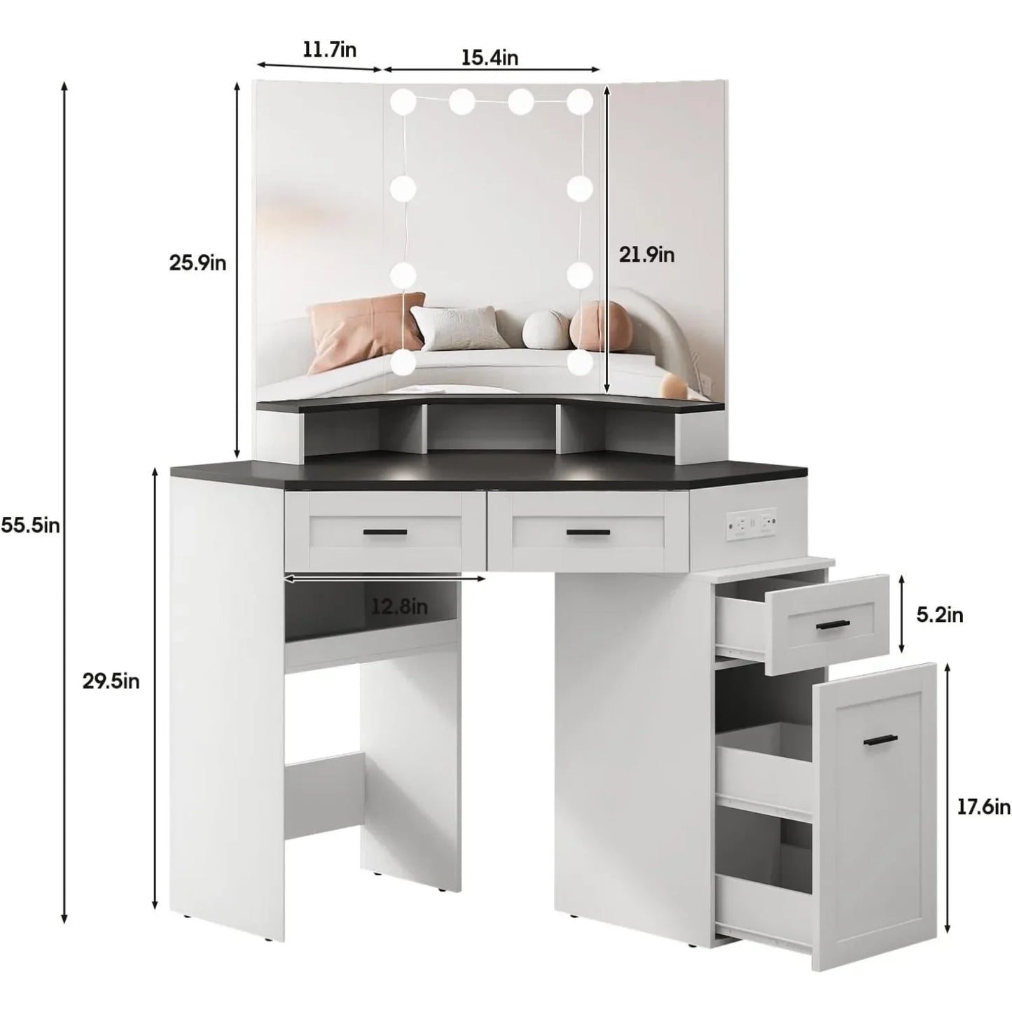 Corner Vanity Desk with Tri-Fold Mirror and Adjustable Light, Makeup Dressing Table with Power Outlet,3 Drawers, Sliding Cabinet