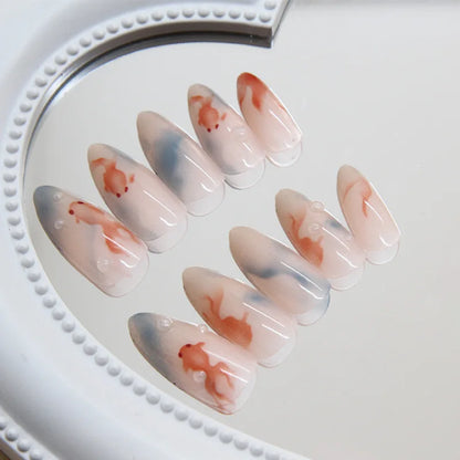 24pcs Ins Simple False Nails Goldfish Pattern Almond Fake Nail Wearable Detachable Simple Nude Pink Press On Nails Manicure Set