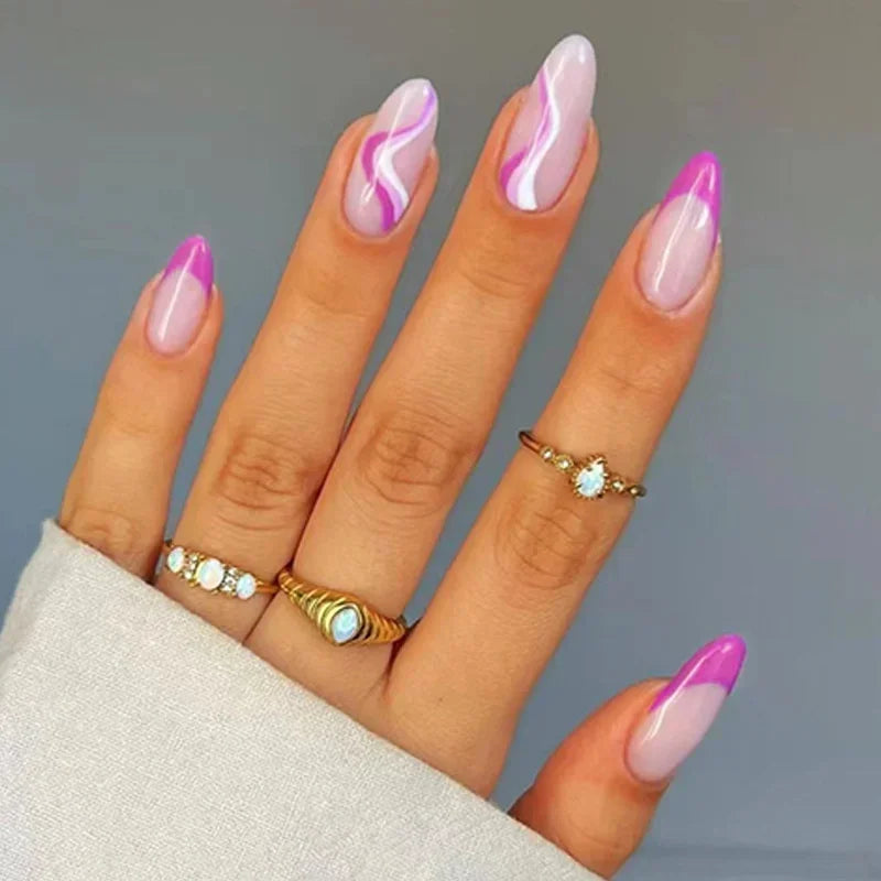 24Pcs Cute Oval False Nails Reusable And Adhesives Aesthetic False Almond Nails Complete Nail Kit Acrylic Press On Set For Gel