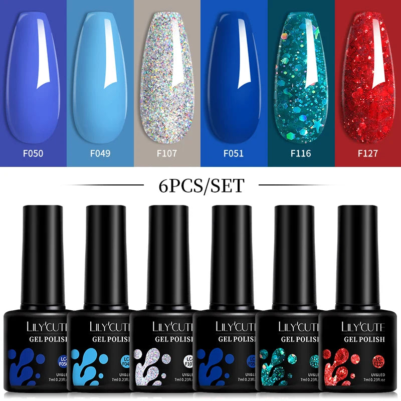 LILYCUTE 6Pcs/Set 7ML Gel DIY Nail Polish Bright Pink Semi Permanent Soak Off UV LED Gel Varnish Nail Art Design Manicure Kit