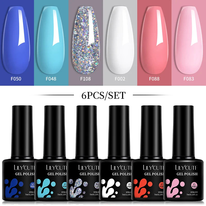 LILYCUTE 6Pcs/Set 7ML Gel DIY Nail Polish Bright Pink Semi Permanent Soak Off UV LED Gel Varnish Nail Art Design Manicure Kit