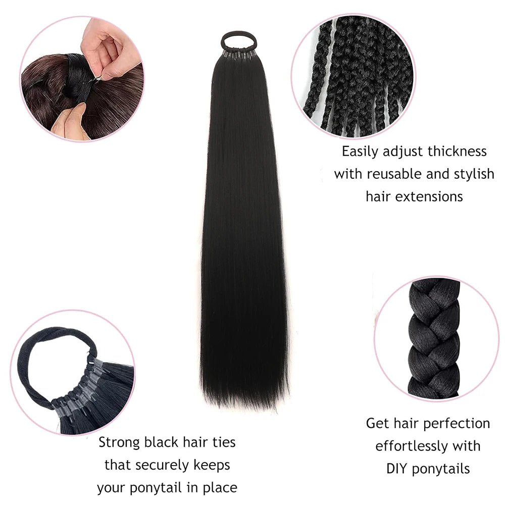 Synthetic Ponytail Extensions Elastic Band Black Brown Ponytail Extension for Women 24" Long Straight Soft Natural Pony Tails