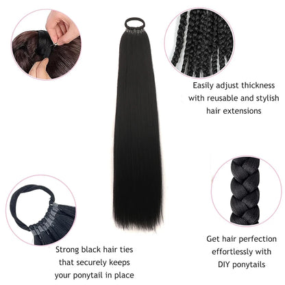 Synthetic Ponytail Extensions Elastic Band Black Brown Ponytail Extension for Women 24" Long Straight Soft Natural Pony Tails