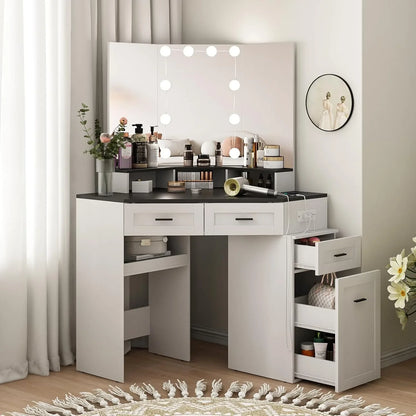 Corner Vanity Desk with Tri-Fold Mirror and Adjustable Light, Makeup Dressing Table with Power Outlet,3 Drawers, Sliding Cabinet