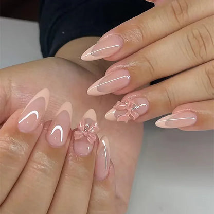 24pcs Ins Simple False Nails Goldfish Pattern Almond Fake Nail Wearable Detachable Simple Nude Pink Press On Nails Manicure Set