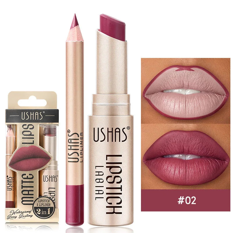 USHAS 12 Color Lip Liner + LIPSTICK Set Easy Coloring Matte Lipstick Long lasting nude red lipstick