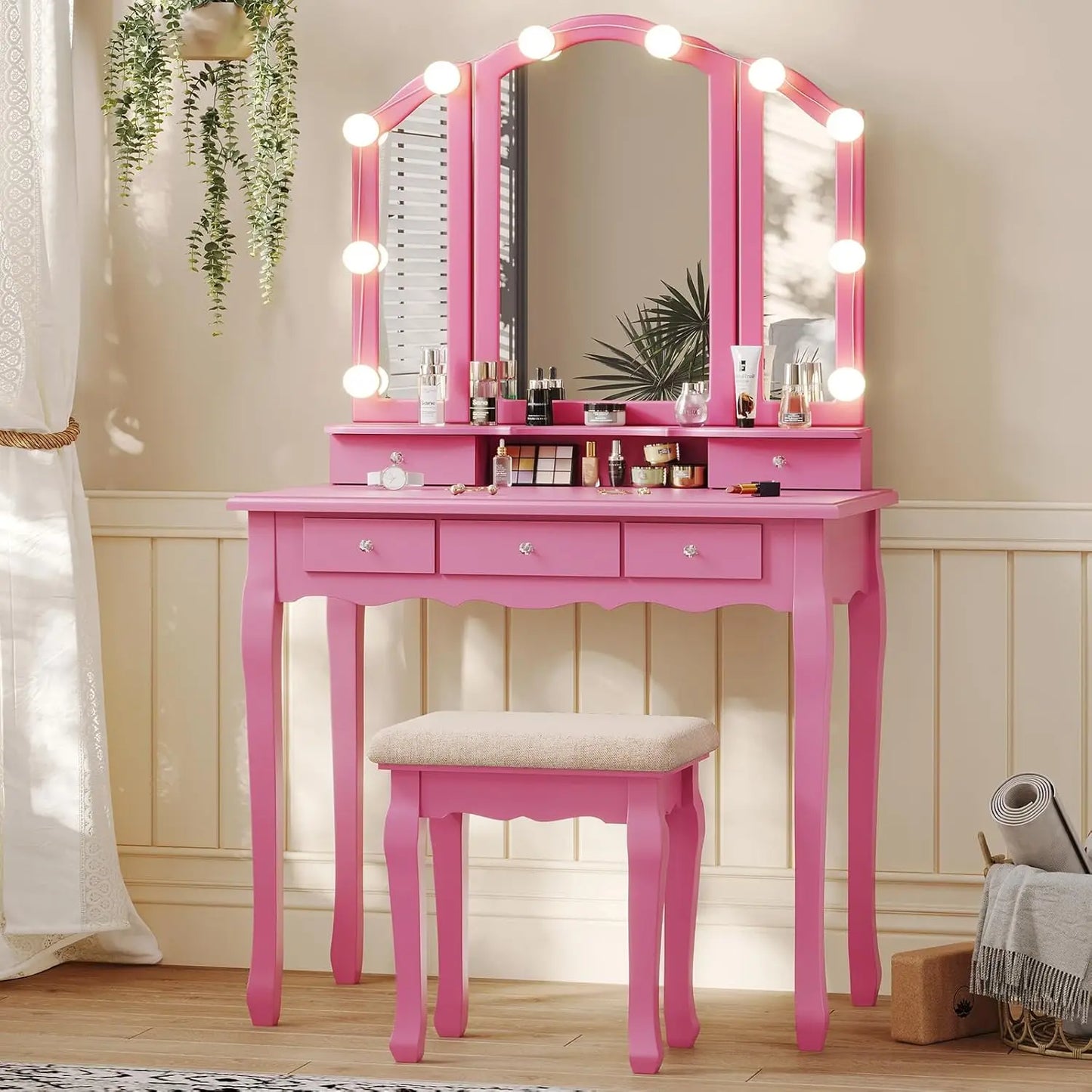 Vanity Desk with Tri-Fold Mirror and Lights, Makeup Vanity with Wood Upholstered Stool, Vanity Table with 5 Drawers, Pink