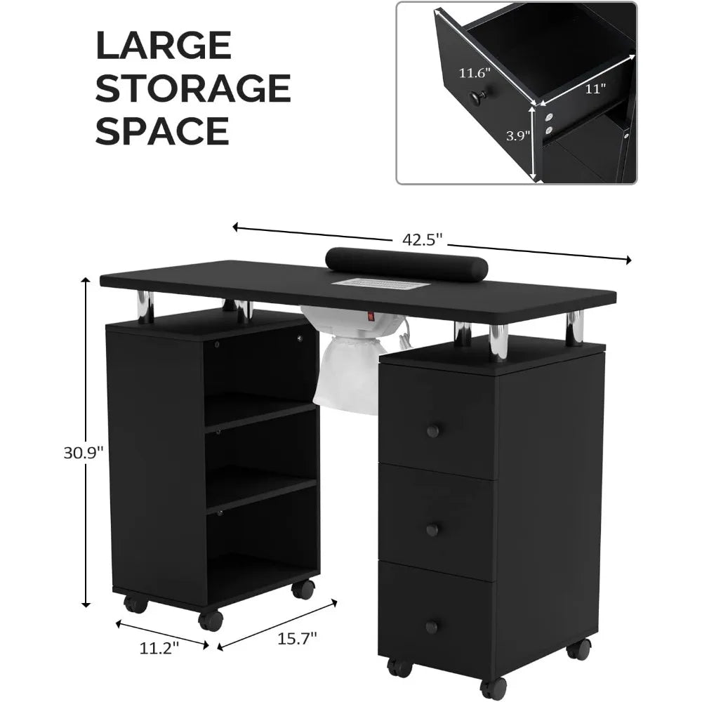 Manicure Table Nail Desk for Nail Tech,Nail Table Beauty Salon Tech Station w/Electric Downdraft Vent,Lockable Wheels,Wrist