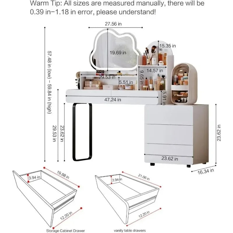 YYJ Large Vanity Desk with Mirror and Lights,Makeup Vanity with 5 Drawers,Modern Makeup Table with Power Outle and Adjustable