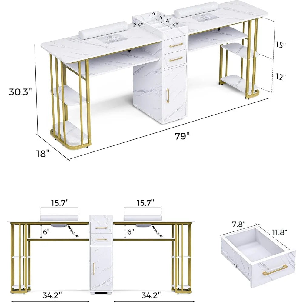 Double Manicure Table Nail Desk for Nail Tech, Nail Station w/ 2 Dust Collectors, 2 Wrist Rests, 8 Dust Bags, Acetone Resistant