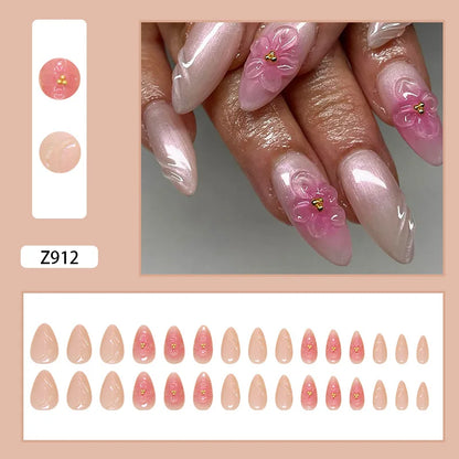 24pcs White Flower Fake Nail Tips Ins Yellow Pink Blush False Nails Wearable Full Cover European Almond Shaped Press on Nails