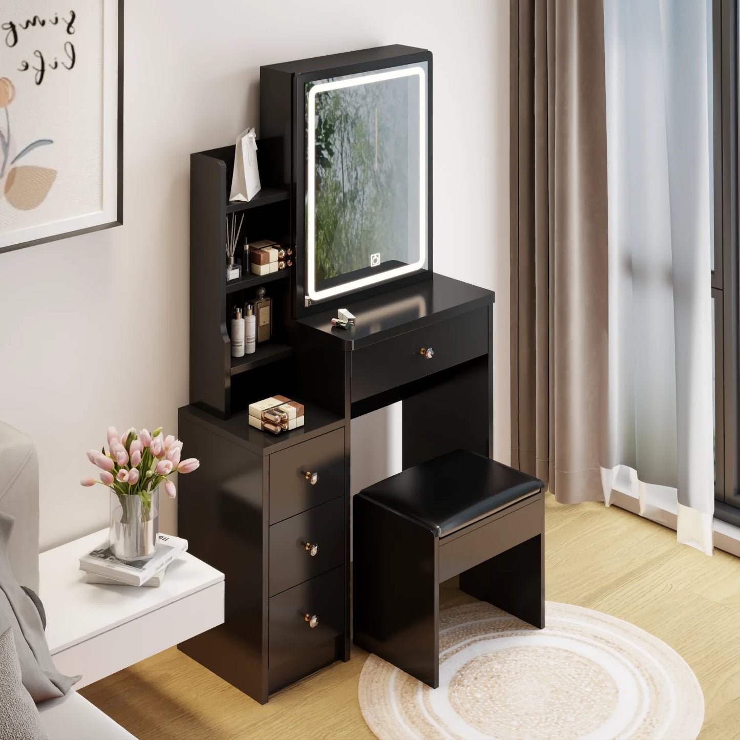 Small Space Left Bedside Cabinet Vanity Table + Cushioned Stool, Extra Large Touch Control Sliding LED Mirror, Tri-color Switchi