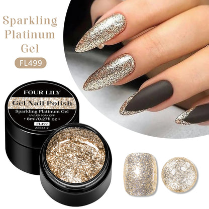 Four Lily 8ml Gold Sparkling Platinum Nail Gel Polish Glitter Long Lasting Semi Permanent Nail Art Painting Gel Varnish Design