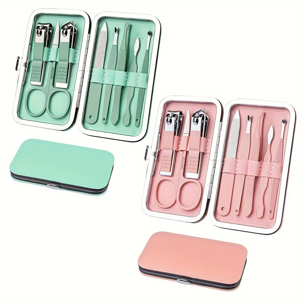 2set Nail Clippers and Beauty Tool Portable Set, Rose Gold Martensitic Stainless Steel Manicure Set 8 in 1, with Pink Leather Ba