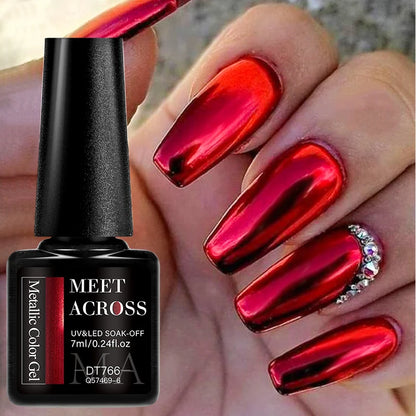 MEET ACROSS 7ml Red Metallic Color Gel Nail Polish Red Gold Silver Semi permanent Soak Off UV Gel Varnish Nail Art For Manicure