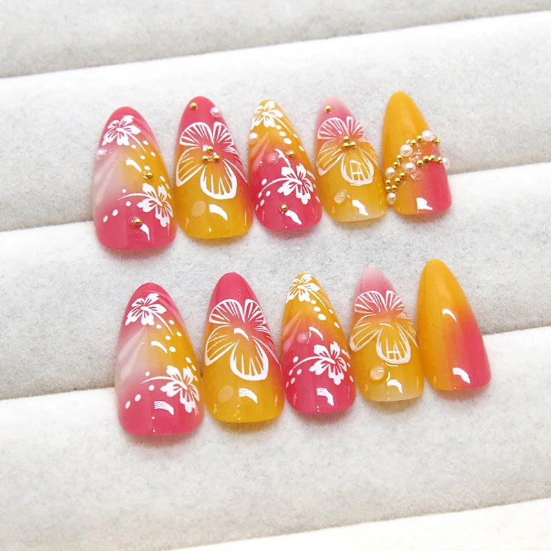 24pcs White Flower Fake Nail Tips Ins Yellow Pink Blush False Nails Wearable Full Cover European Almond Shaped Press on Nails