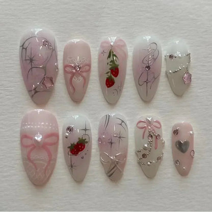 24Pcs Pink Almond False Nails Butterfly Ballet with French Design Wearable Fake Nails Simple Artificial Press on Nails Tips Art