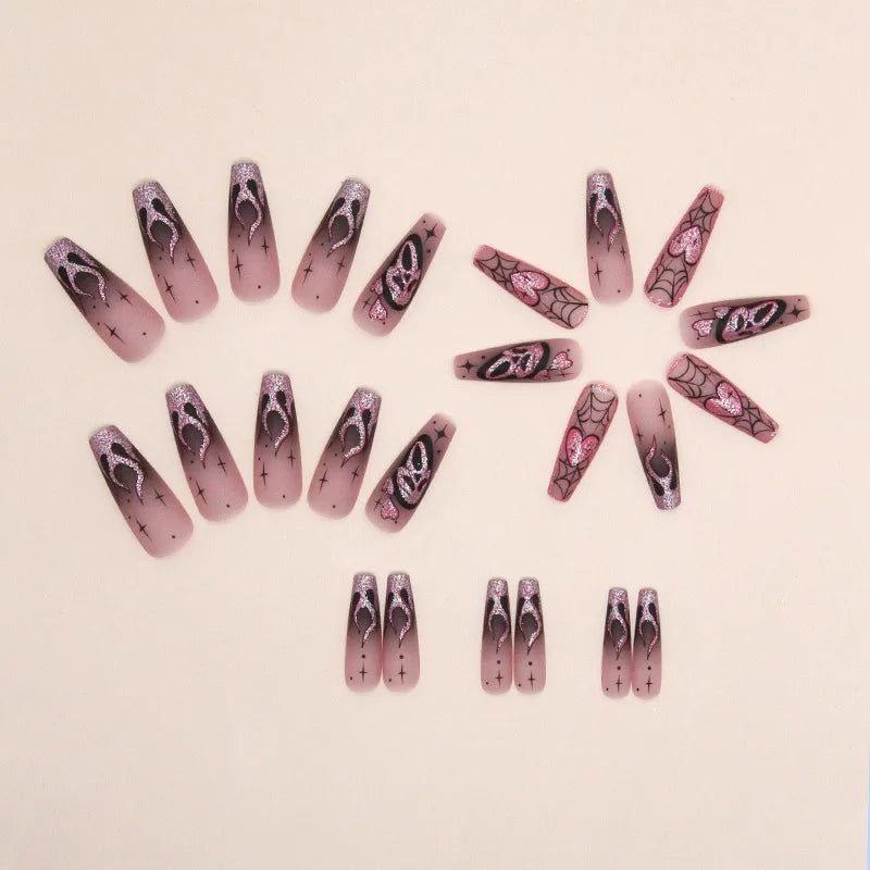 24pcs Glitter Pink Sequin Fake Nail Patch Scary Skull Love Heart Pattern Artificial Nails Full Cover Wearable Halloween Gifts