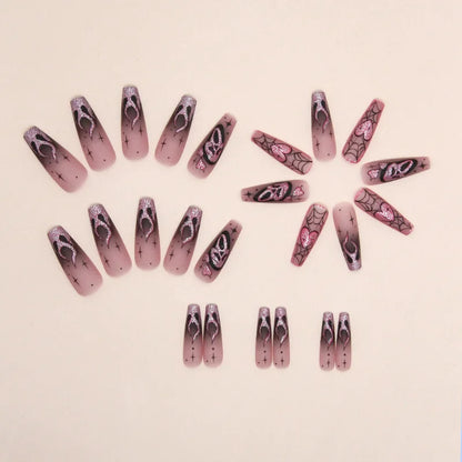 24pcs Glitter Pink Sequin Fake Nail Patch Scary Skull Love Heart Pattern Artificial Nails Full Cover Wearable Halloween Gifts