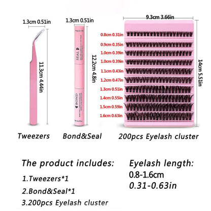 DIY Eyelash Extension Kit 200pcs Individual Lashes Cluster D Curl, 8-16mm Mix Lash Clusters with Lash Tweezers