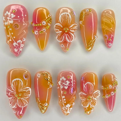 24pcs White Flower Fake Nail Tips Ins Yellow Pink Blush False Nails Wearable Full Cover European Almond Shaped Press on Nails