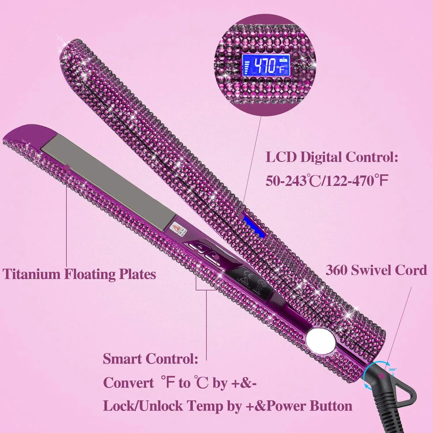 Professional Hair Straightener Titanium Flat Iron Rhinestone Straightening Iron Salon High Heat 470F Dual Voltage LCD Display