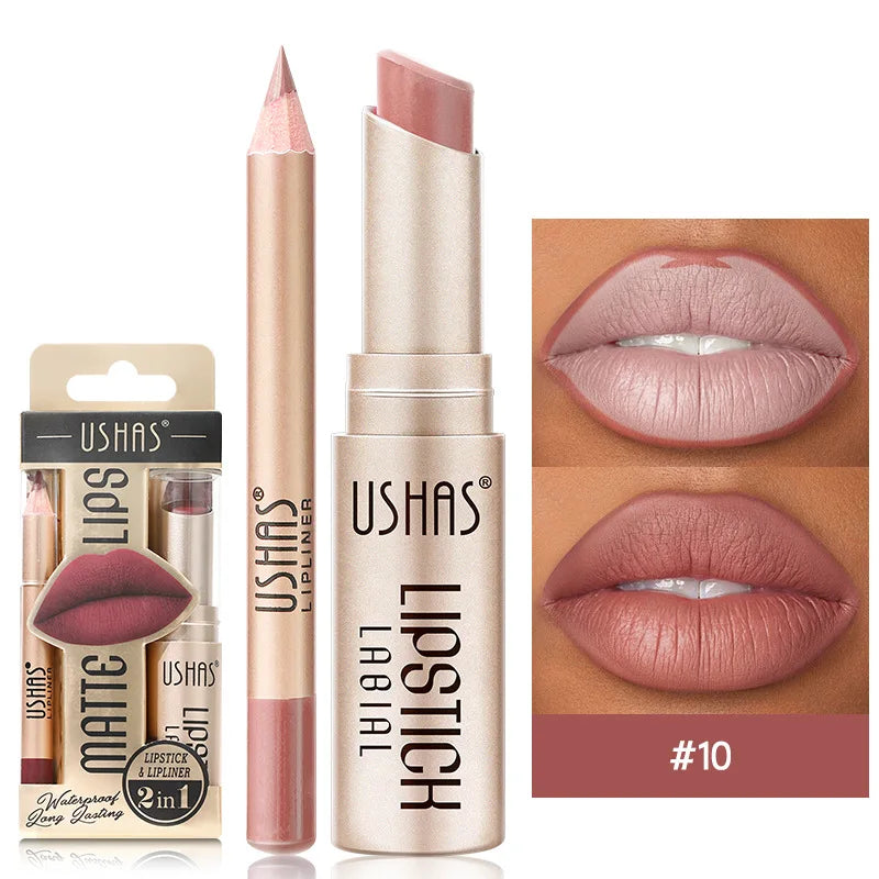 USHAS 12 Color Lip Liner + LIPSTICK Set Easy Coloring Matte Lipstick Long lasting nude red lipstick