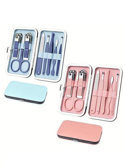 2set Nail Clippers and Beauty Tool Portable Set, Rose Gold Martensitic Stainless Steel Manicure Set 8 in 1, with Pink Leather Ba