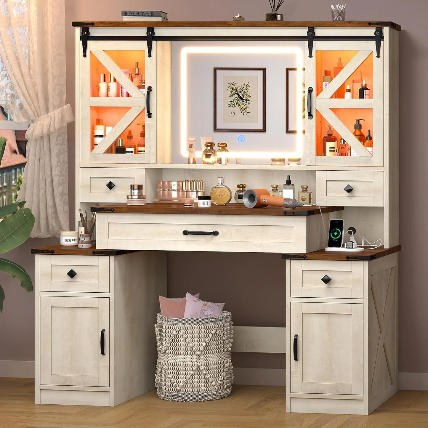 Farmhouse Vanity Desk with Mirror and Lights, 45.9" Makeup Vanity Table with Charging Station & Drawers & Sliding RGB Cabinets