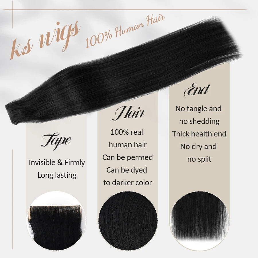 K.S WIGS Tape in Hair Extensions Straight Natural Remy Virgin Seamless Human Hair Extensions for Women Tape in Hair Extensions