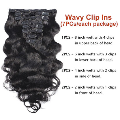 Body Wave Human Hair Clip in Hair Extensions Natural Black Color Full Head Brazilian Virgin Hair 120 Gram Body hair for Women