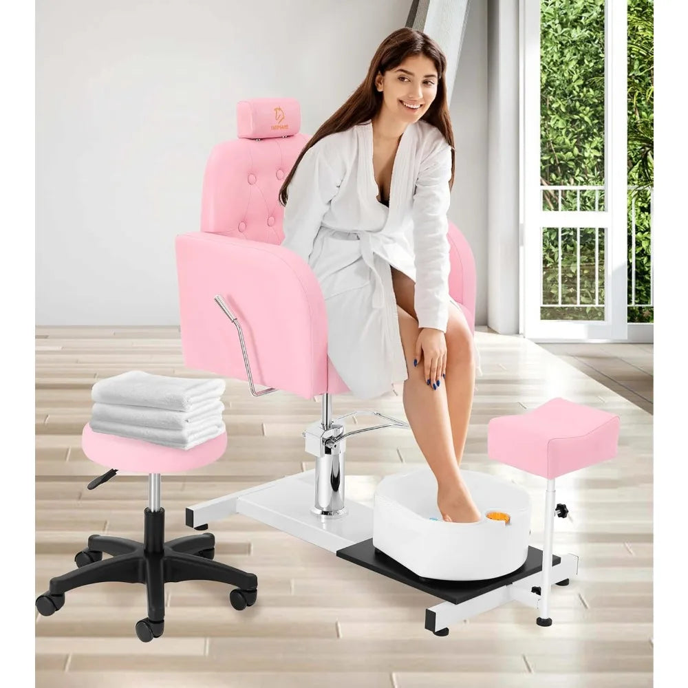 Chaise longue with foot massage tub and stool, hydraulically adjustable pedicure chair stand, 360° rotating beauty spa salon