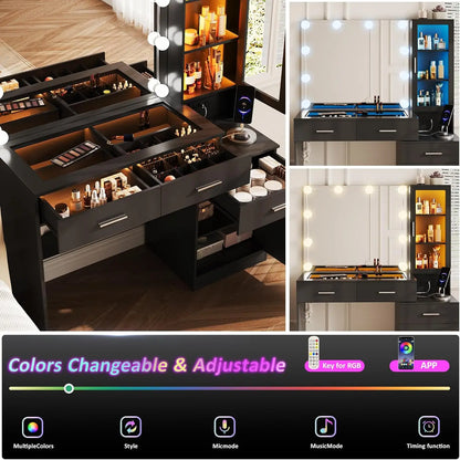 Fameill Glass Top Vanity With Mirror And Lights, Black Makeup Vanity Desk With Charging Station, Vanity Table Set With Rgb