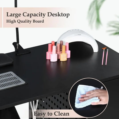 Manicure Table Nail Desk with Dust Collector & Charging Station, Nail Tech Table with 4 Large Drawers,Lockable Wheels,Iron Frame